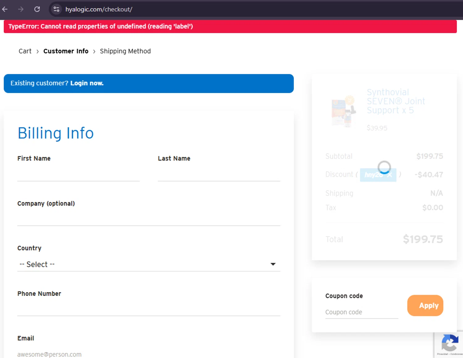 Hyalogic checkout page showing Hyalogic coupon code box | Screenshot taken by SimplyCodes community member on Jan 2, 2026