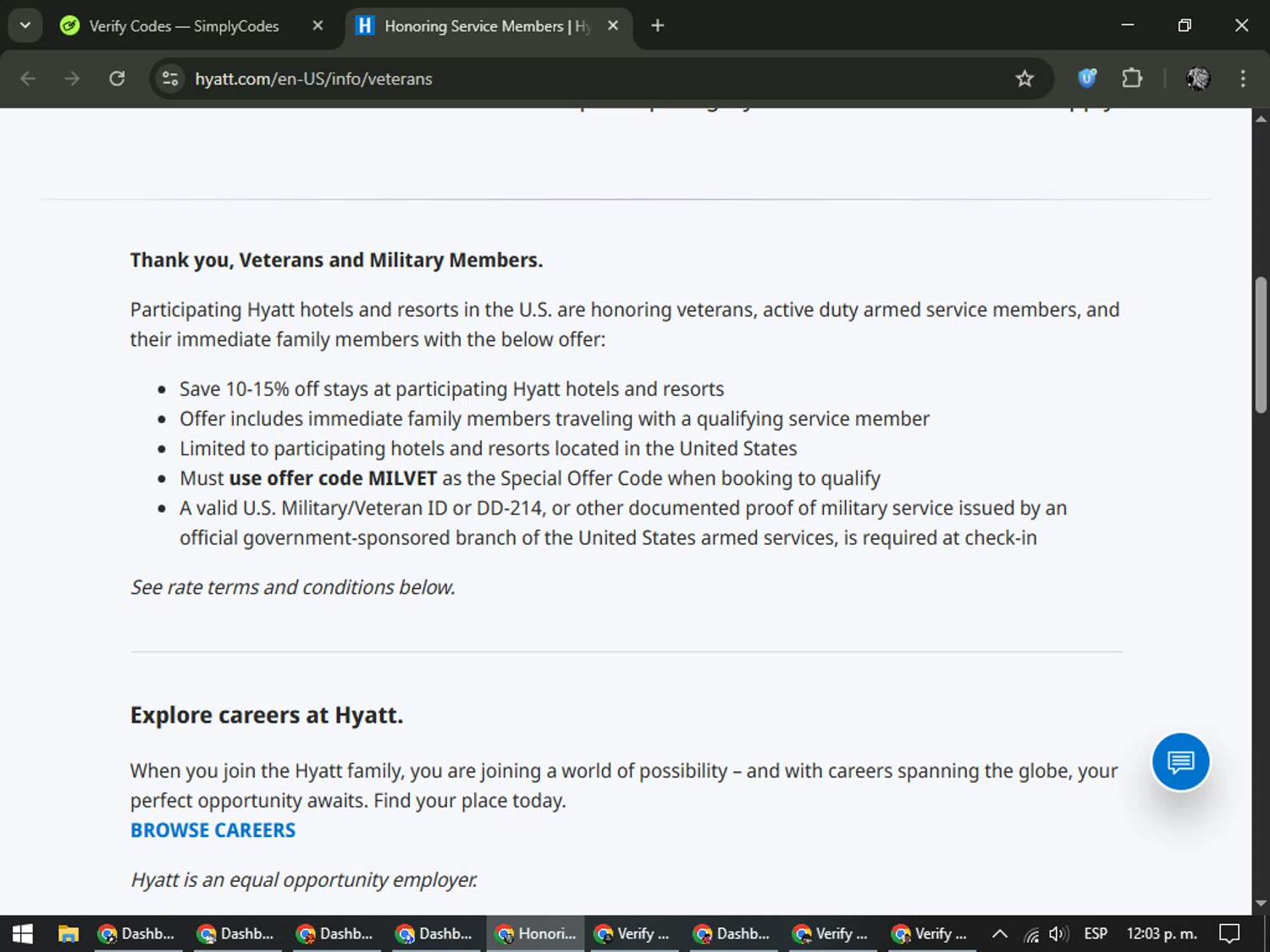 Hyatt Hotels and Resorts promo code screenshot showing code MILVET applied at Hyatt Hotels and Resorts checkout page. Uploaded by SimplyCodes community member PrimeKnight6101 on Nov 28, 2025