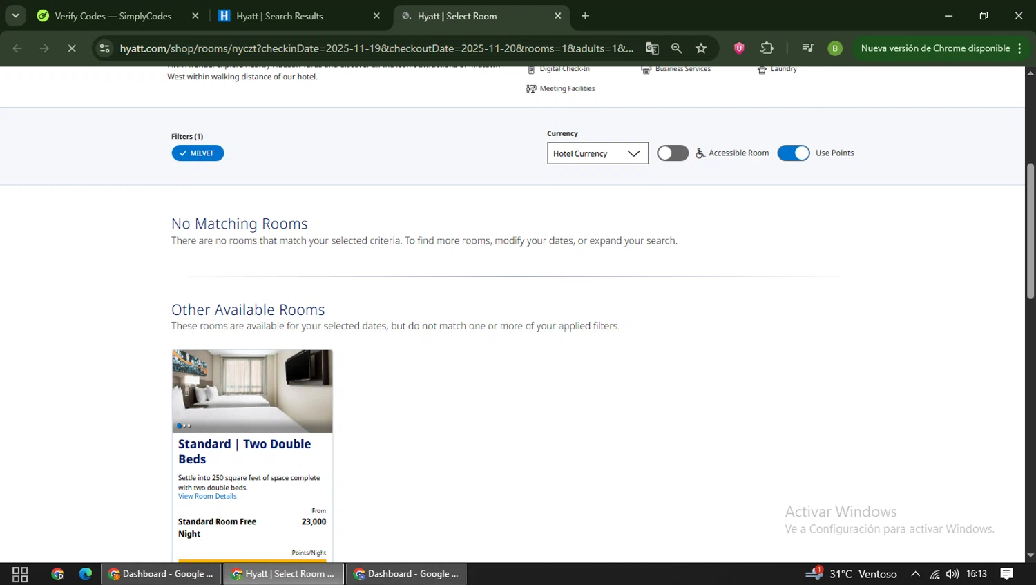 Hyatt Hotels and Resorts promo code screenshot showing code MILVET applied at Hyatt Hotels and Resorts checkout page. Uploaded by SimplyCodes community member RoyalAdmiral5066 on Nov 19, 2025