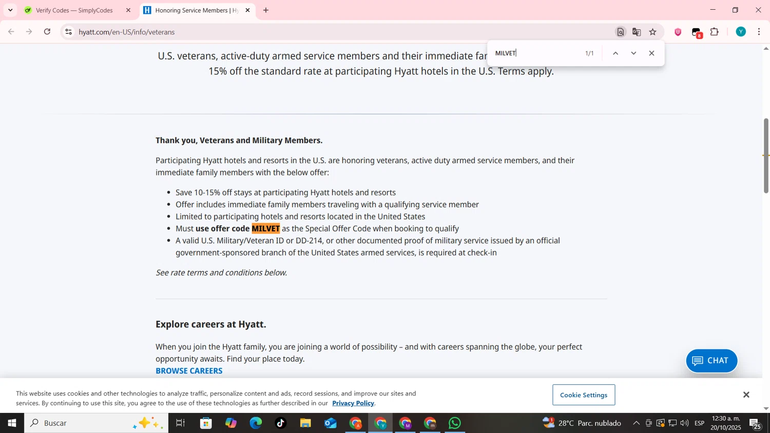 Hyatt Hotels and Resorts promo code screenshot showing code MILVET applied at Hyatt Hotels and Resorts checkout page. Uploaded by SimplyCodes community member codygakpo on Oct 20, 2025