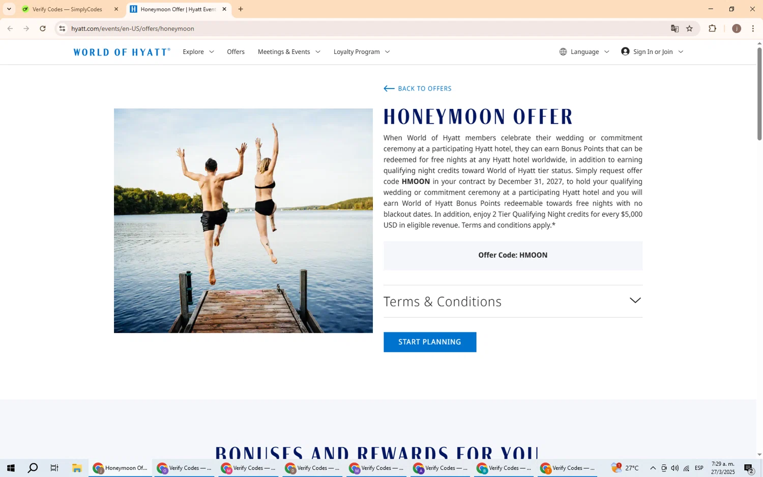 Hyatt Hotels and Resorts promo code screenshot showing code HMOON applied at Hyatt Hotels and Resorts checkout page. Uploaded by SimplyCodes community member GoldChaser6000 on Mar 27, 2025