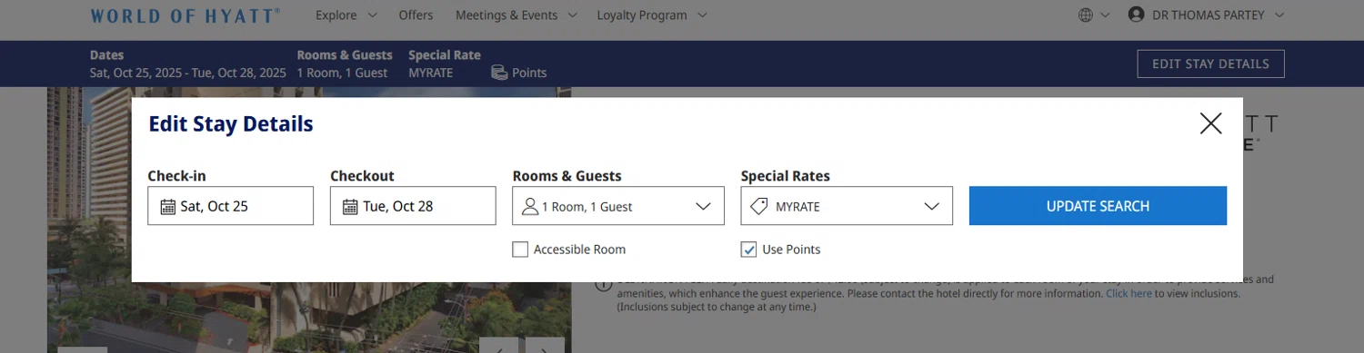 Hyatt Hotels and Resorts promo code screenshot showing code myrate applied at Hyatt Hotels and Resorts checkout page. Uploaded by SimplyCodes community member fettywap on Oct 25, 2025