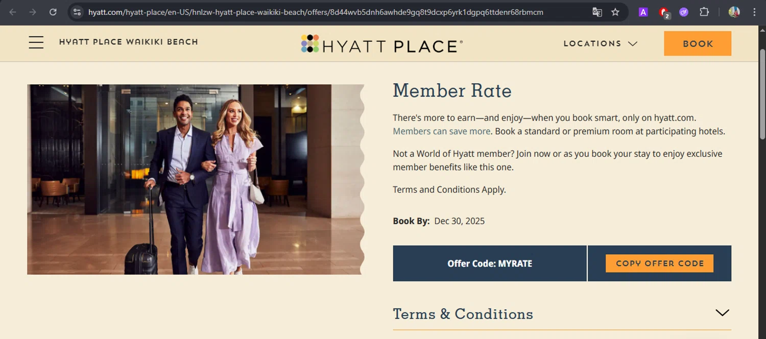 Hyatt Hotels and Resorts promo code screenshot showing code myrate applied at Hyatt Hotels and Resorts checkout page. Uploaded by SimplyCodes community member BrilliantFox7966 on Sep 24, 2025