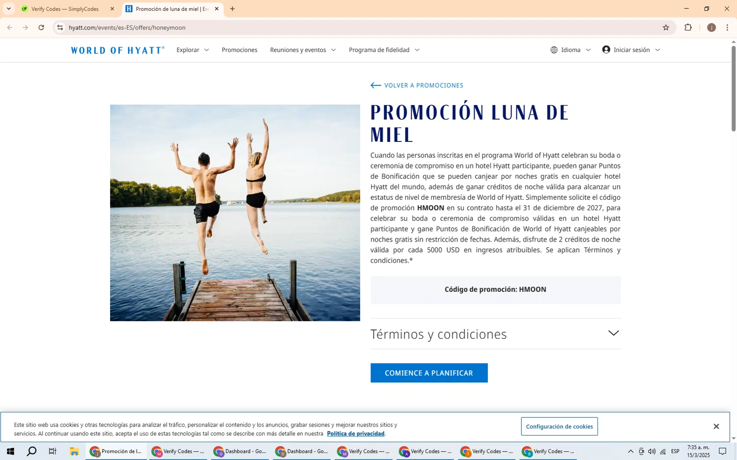 Hyatt Hotels and Resorts promo code screenshot showing code 10OFF applied at Hyatt Hotels and Resorts checkout page. Uploaded by SimplyCodes community member GoldChaser6000 on Mar 15, 2025