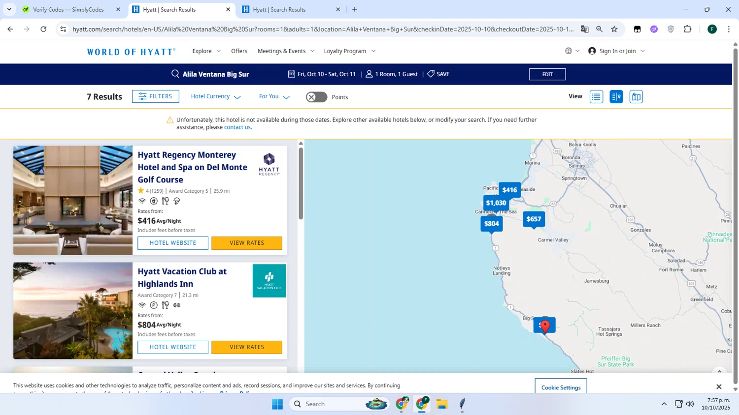Hyatt Hotels and Resorts promo code screenshot showing code SAVE applied at Hyatt Hotels and Resorts checkout page. Uploaded by SimplyCodes community member Juanse on Oct 10, 2025