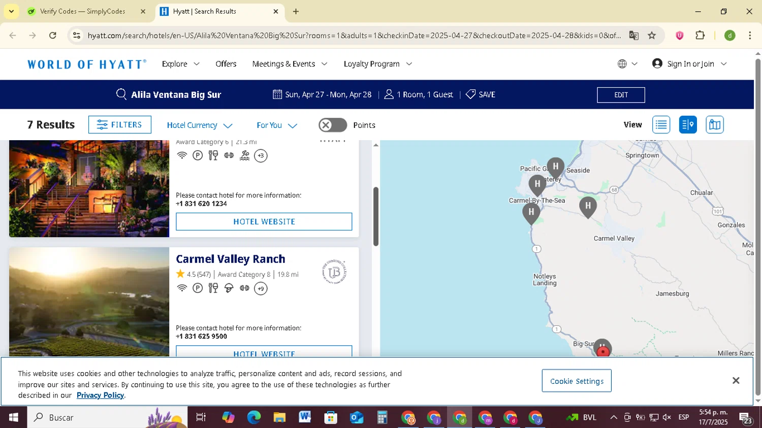 Hyatt Hotels and Resorts promo code screenshot showing code SAVE applied at Hyatt Hotels and Resorts checkout page. Uploaded by SimplyCodes community member SavingsSentinel833 on Jul 17, 2025