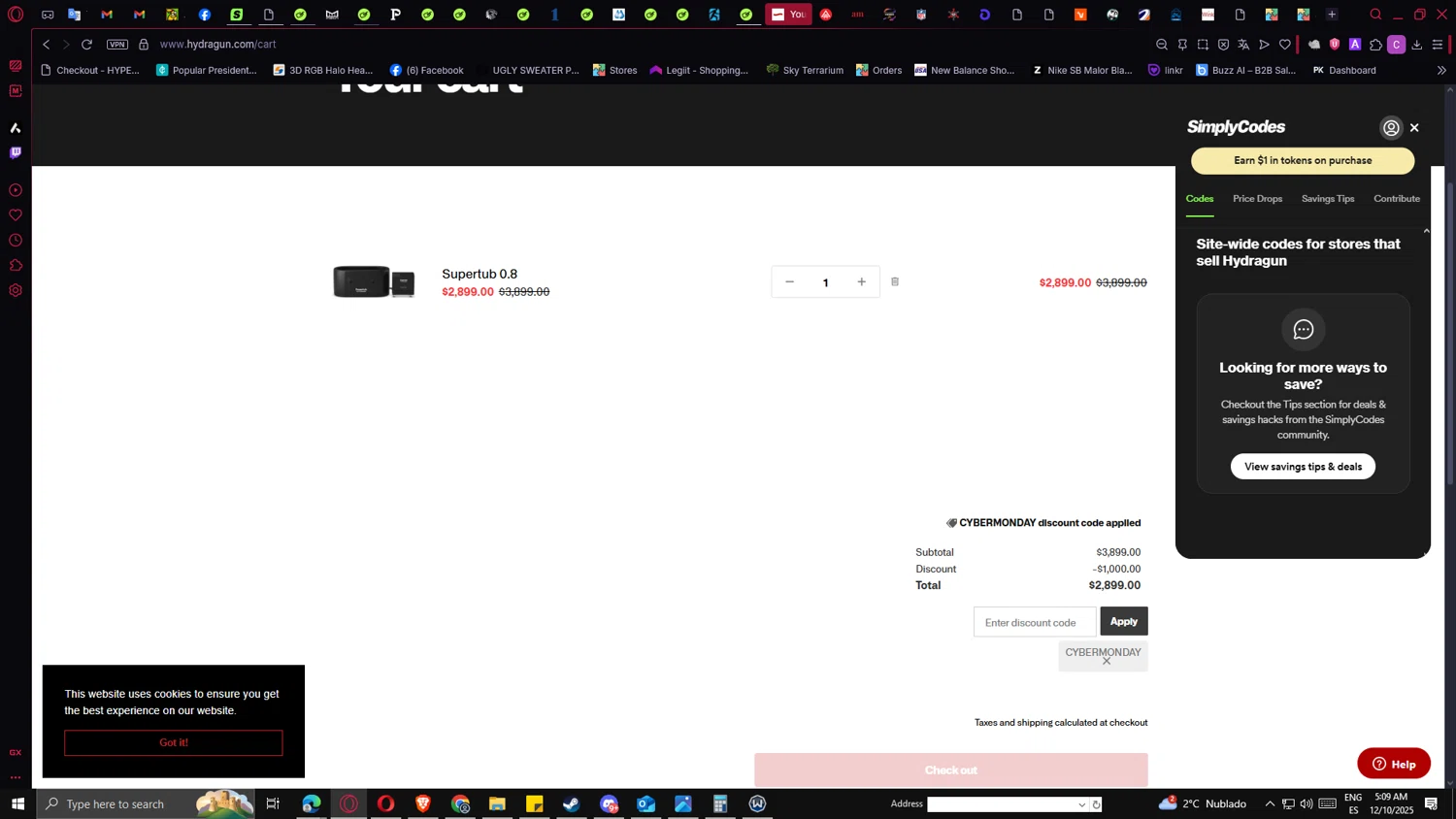 Hydragun discount code screenshot showing code CYBERMONDAY applied at Hydragun checkout page. Uploaded by SimplyCodes community member PrimeMaverick5747 on Dec 10, 2025