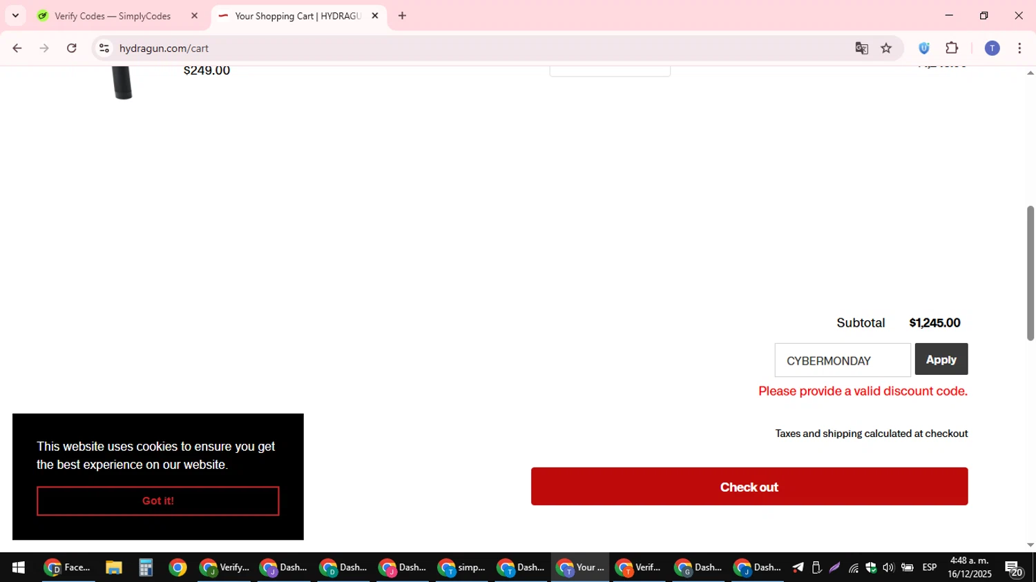Hydragun discount code screenshot showing code CYBERMONDAY applied at Hydragun checkout page. Uploaded by SimplyCodes community member snidertom8 on Dec 16, 2025