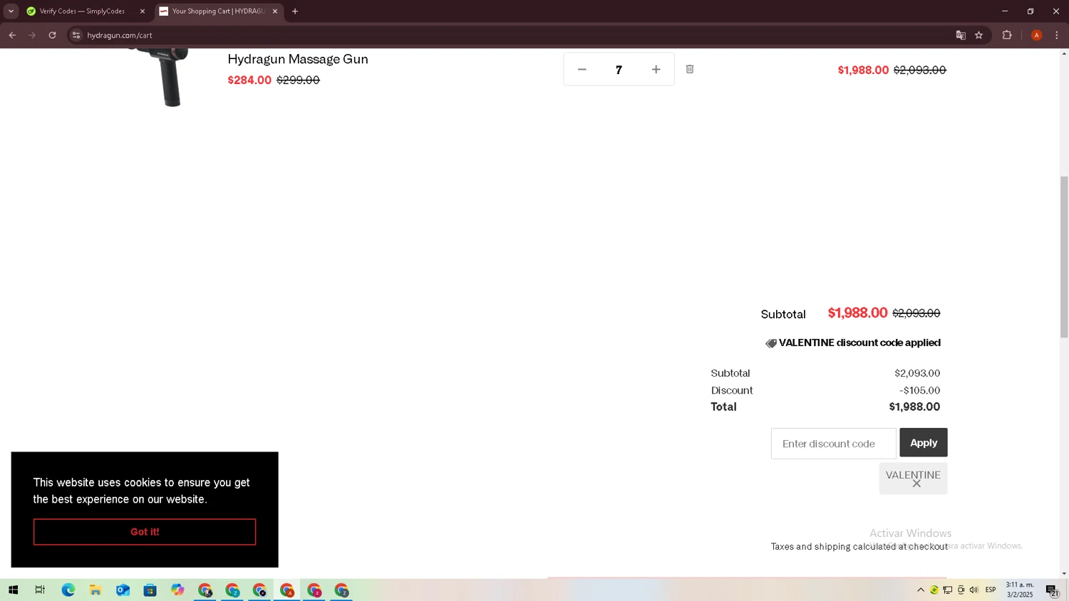 Hydragun discount code screenshot showing code VALENTINE applied at Hydragun checkout page. Uploaded by SimplyCodes community member zxxx27 on Feb 3, 2025