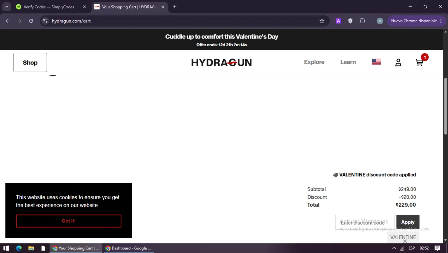 Hydragun discount code screenshot showing code VALENTINE applied at Hydragun checkout page. Uploaded by SimplyCodes community member maraxo on Feb 2, 2026