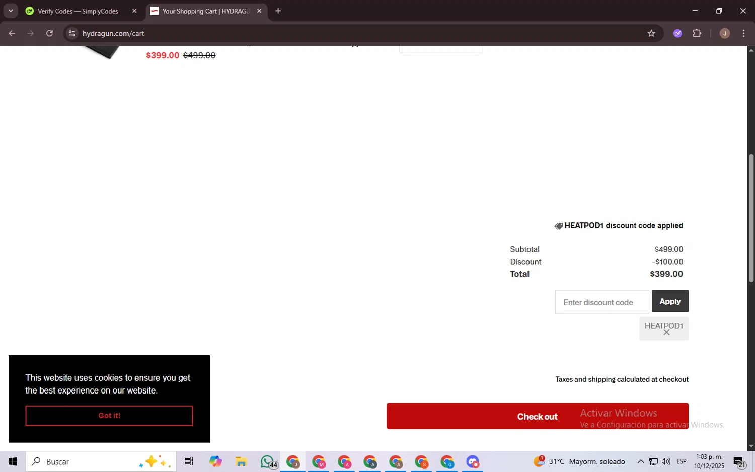 Hydragun discount code screenshot showing code HEATPOD1 applied at Hydragun checkout page. Uploaded by SimplyCodes community member CrownChaser949 on Dec 10, 2025
