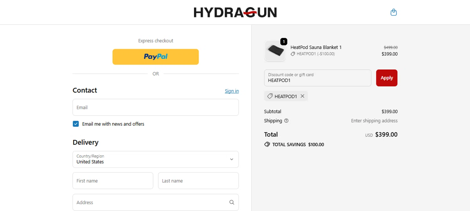 Hydragun discount code screenshot showing code HEATPOD1 applied at Hydragun checkout page. Uploaded by SimplyCodes community member Myrulesmagazine23 on Oct 22, 2025