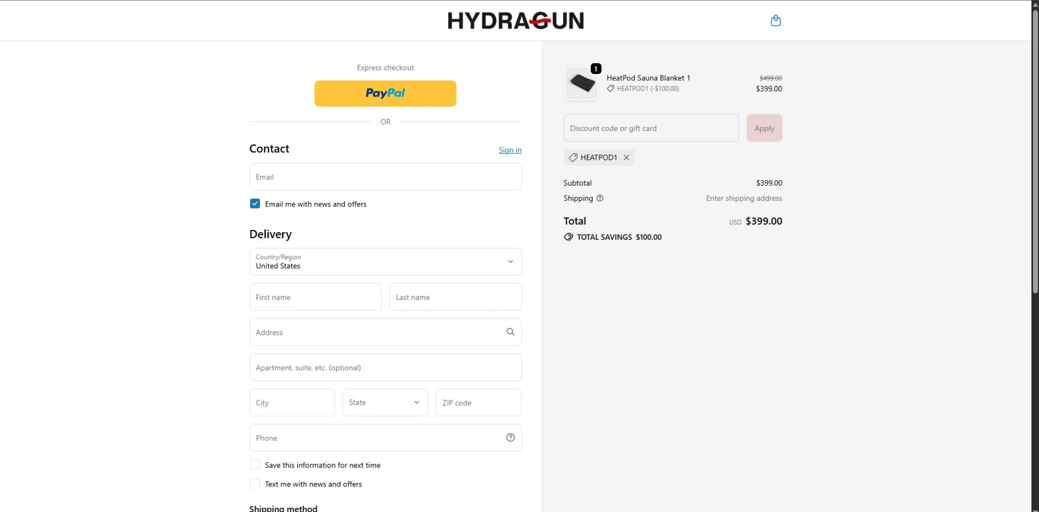 Hydragun checkout page showing Hydragun discount code box | Screenshot taken by SimplyCodes community member on Feb 4, 2026