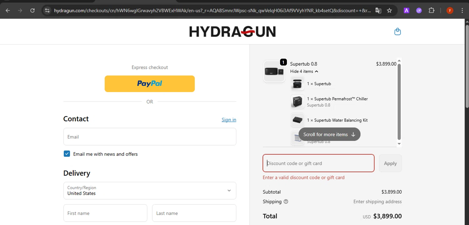 Hydragun discount code screenshot showing code GIVE applied at Hydragun checkout page. Uploaded by SimplyCodes community member CrownTiger7501 on Dec 28, 2025
