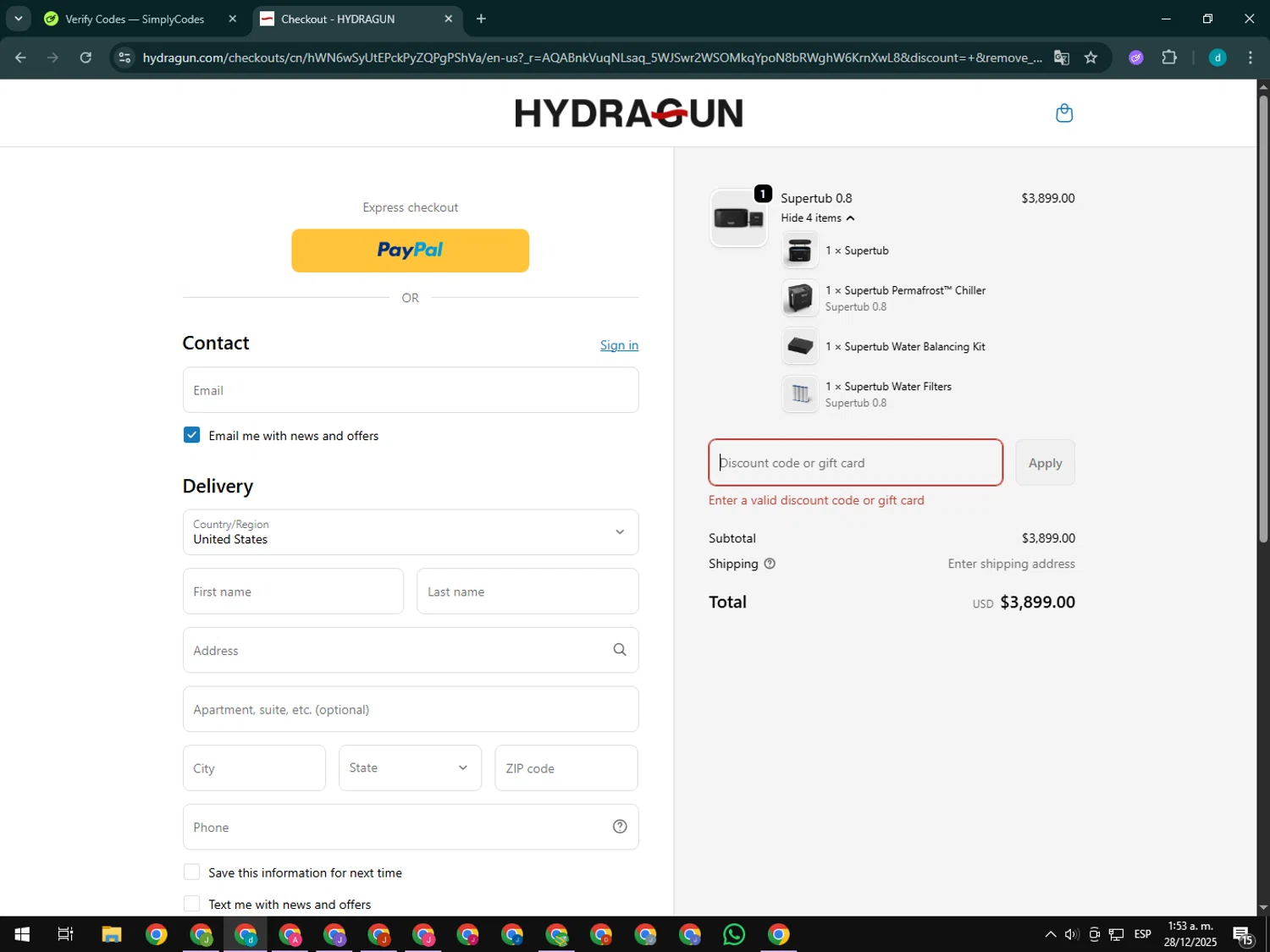 Hydragun discount code screenshot showing code GIVE applied at Hydragun checkout page. Uploaded by SimplyCodes community member GloriousTiger3507 on Dec 28, 2025
