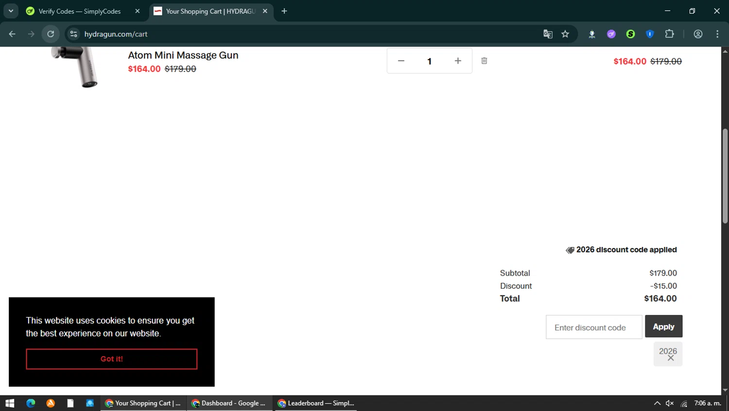 Hydragun checkout page showing Hydragun discount code box | Screenshot taken by SimplyCodes community member on Jan 17, 2026