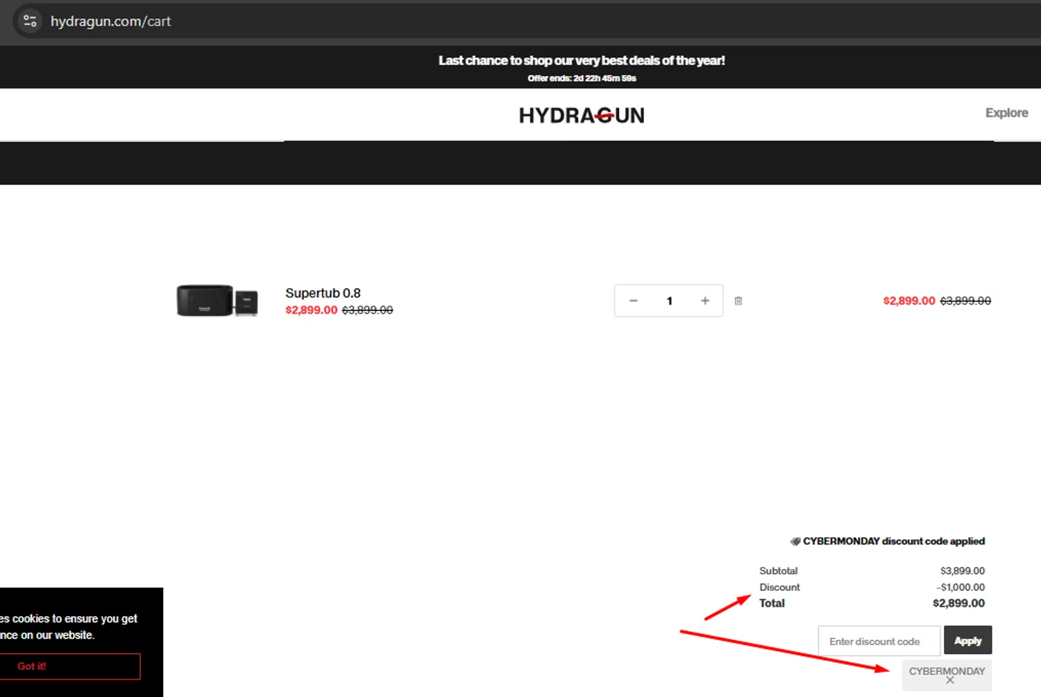 Hydragun discount code screenshot showing code CYBERMONDAY applied at Hydragun checkout page. Uploaded by SimplyCodes community member argenygalvez on Nov 29, 2025