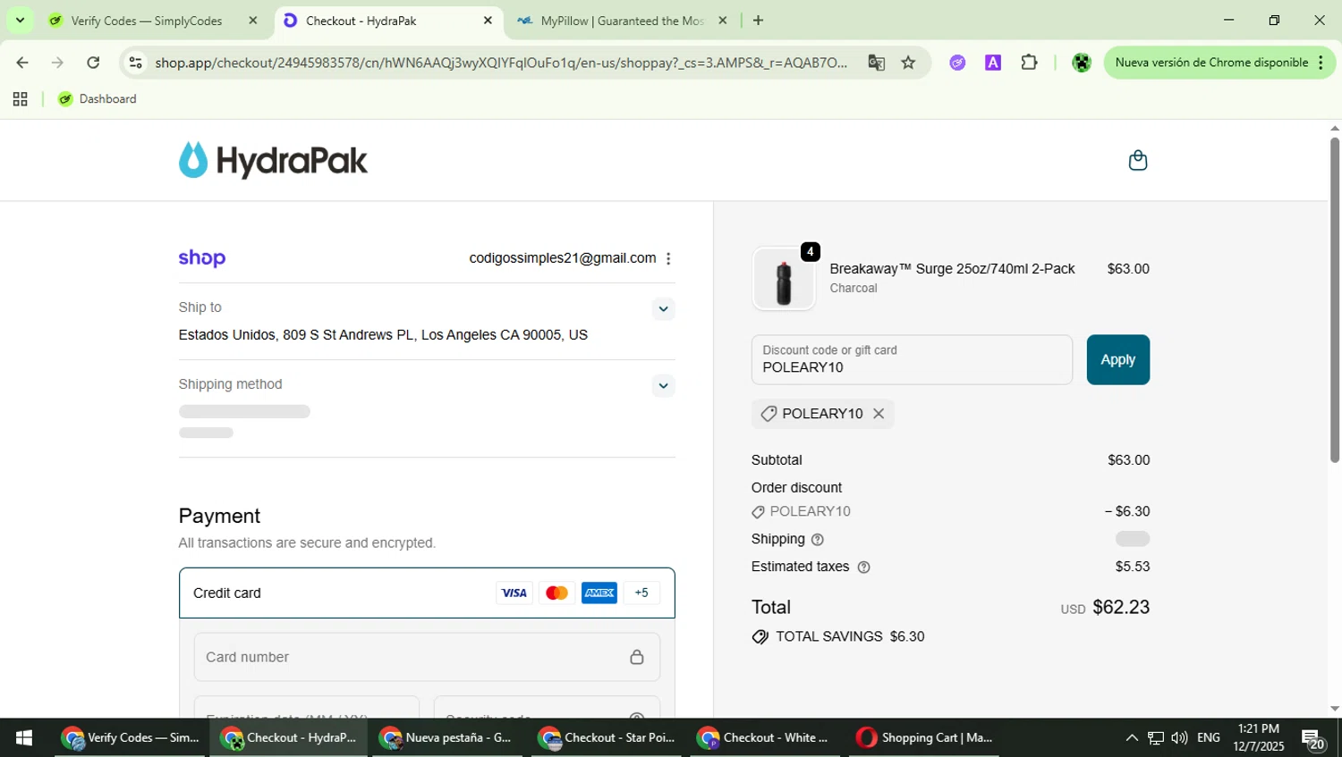 Hydrapak discount code screenshot showing code POLEARY10 applied at Hydrapak checkout page. Uploaded by SimplyCodes community member MaitoGai on Dec 7, 2025
