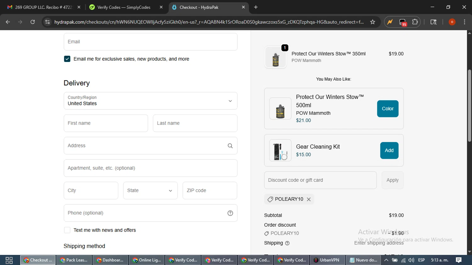 Hydrapak discount code screenshot showing code POLEARY10 applied at Hydrapak checkout page. Uploaded by SimplyCodes community member WiseTracker2171 on Dec 13, 2025