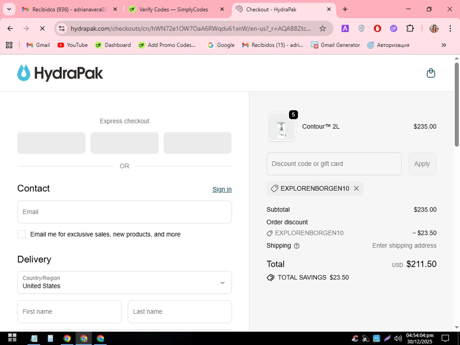 Hydrapak discount code screenshot showing code EXPLORENBORGEN10 applied at Hydrapak checkout page. Uploaded by SimplyCodes community member SilverEagle2538 on Dec 30, 2025