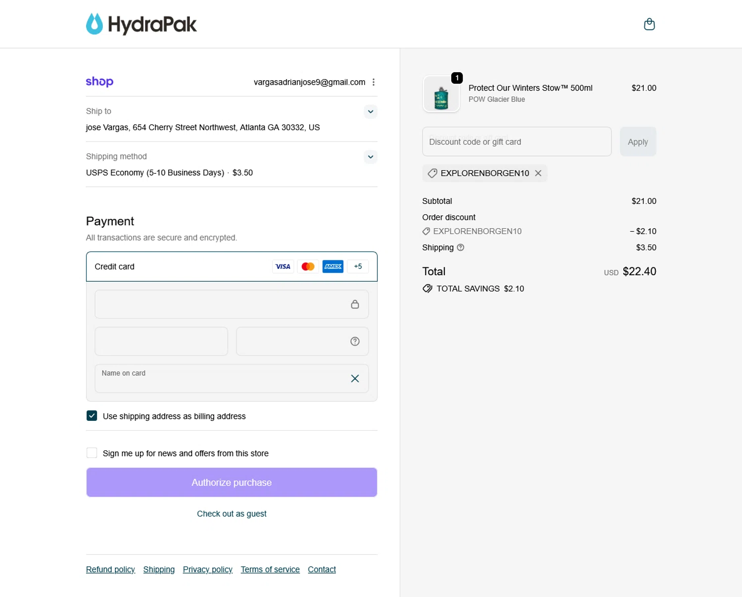 Hydrapak discount code screenshot showing code EXPLORENBORGEN10 applied at Hydrapak checkout page. Uploaded by SimplyCodes community member WladimirV on Dec 13, 2025