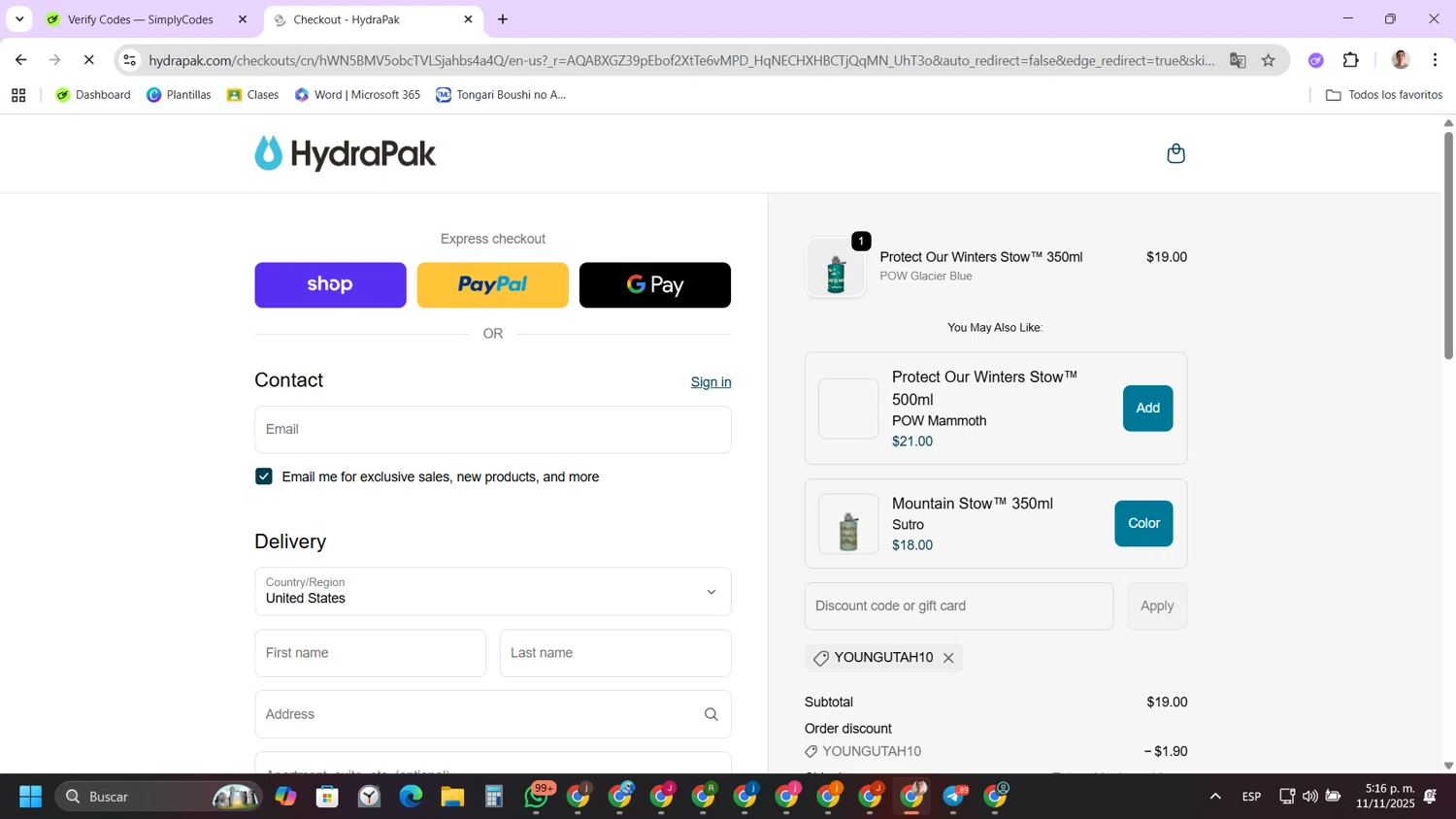 Hydrapak discount code screenshot showing code YOUNGUTAH10 applied at Hydrapak checkout page. Uploaded by SimplyCodes community member FernandoLetex on Nov 11, 2025