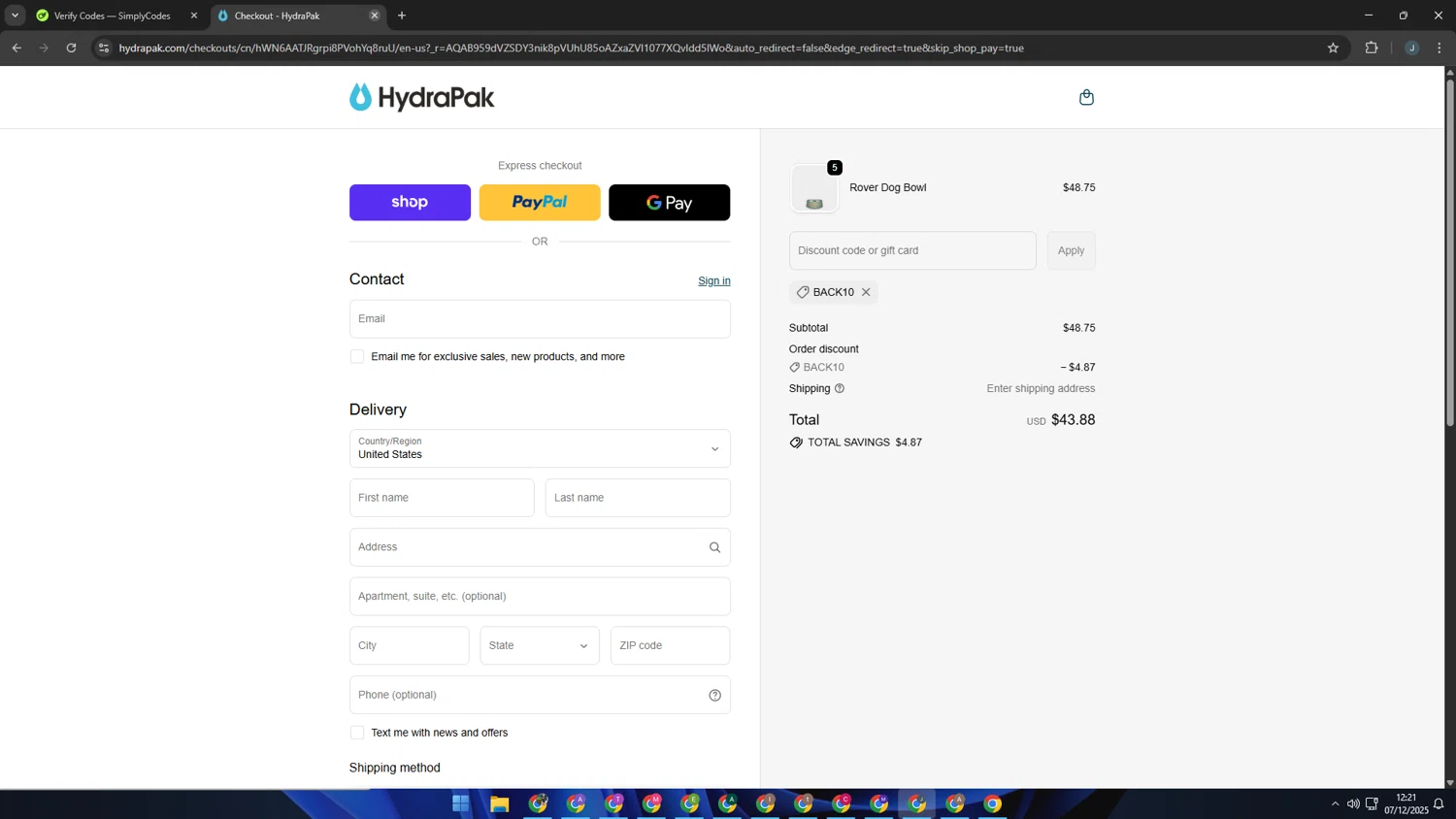 Hydrapak discount code screenshot showing code BACK10 applied at Hydrapak checkout page. Uploaded by SimplyCodes community member AVATIGRITO on Dec 7, 2025