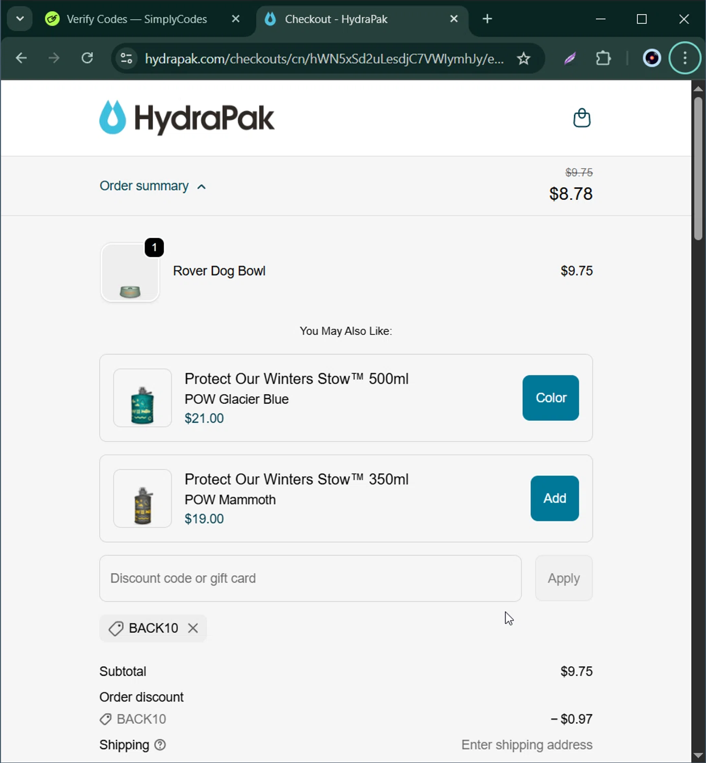 Hydrapak discount code screenshot showing code BACK10 applied at Hydrapak checkout page. Uploaded by SimplyCodes community member Bernard_Lowe on Dec 2, 2025