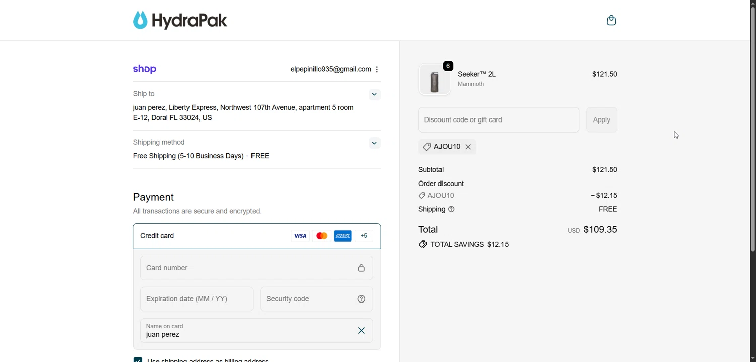 Hydrapak discount code screenshot showing code AJOU10 applied at Hydrapak checkout page. Uploaded by SimplyCodes community member Enmanuel99 on Nov 27, 2025