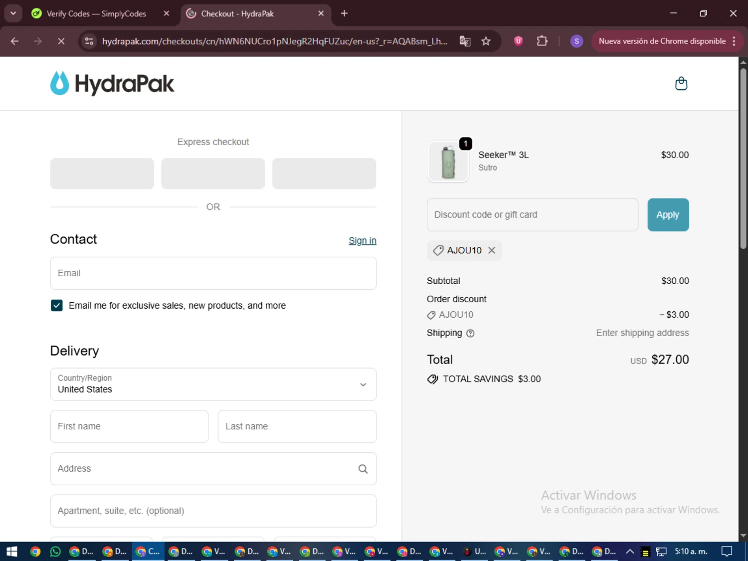 Hydrapak discount code screenshot showing code AJOU10 applied at Hydrapak checkout page. Uploaded by SimplyCodes community member LuckyVoyager688 on Dec 13, 2025
