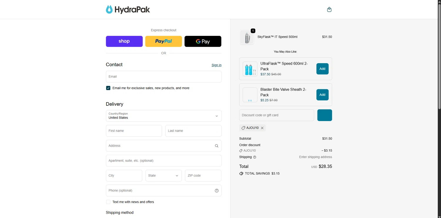 Hydrapak discount code screenshot showing code AJOU10 applied at Hydrapak checkout page. Uploaded by SimplyCodes community member TreasureHero9595 on Dec 7, 2025