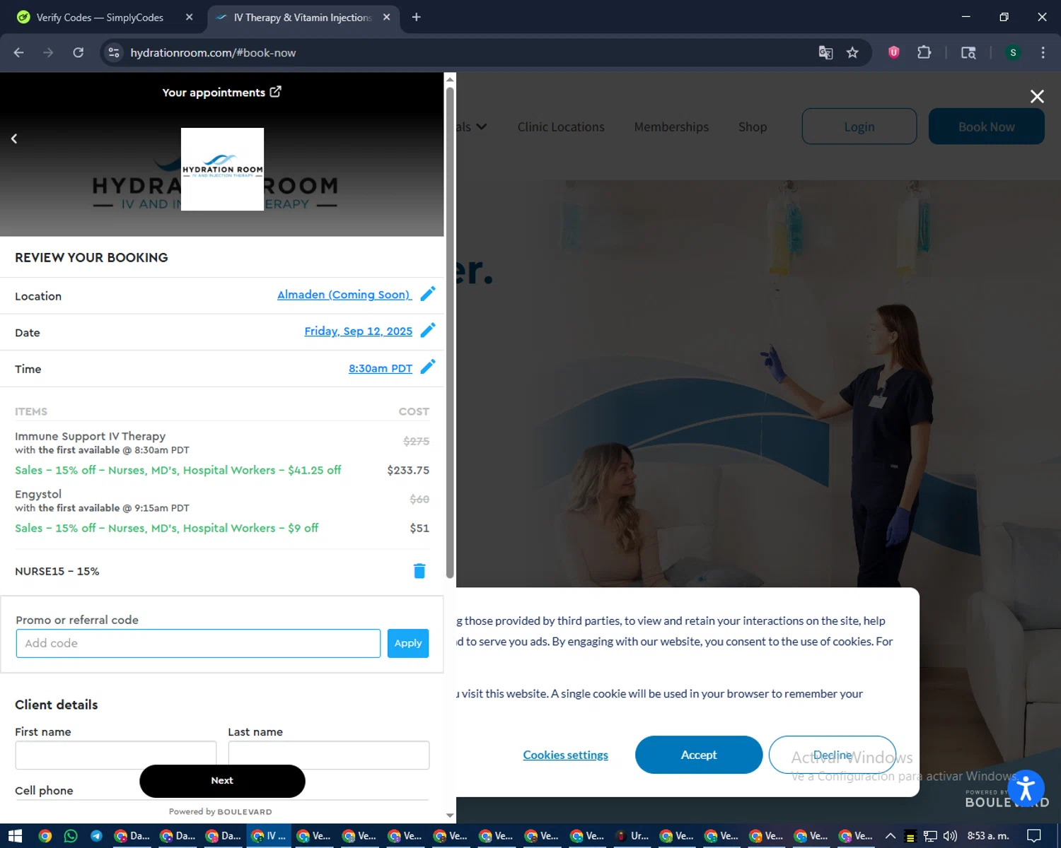 Hydration Room checkout page showing Hydration Room discount code box | Screenshot taken by SimplyCodes community member on Sep 8, 2025