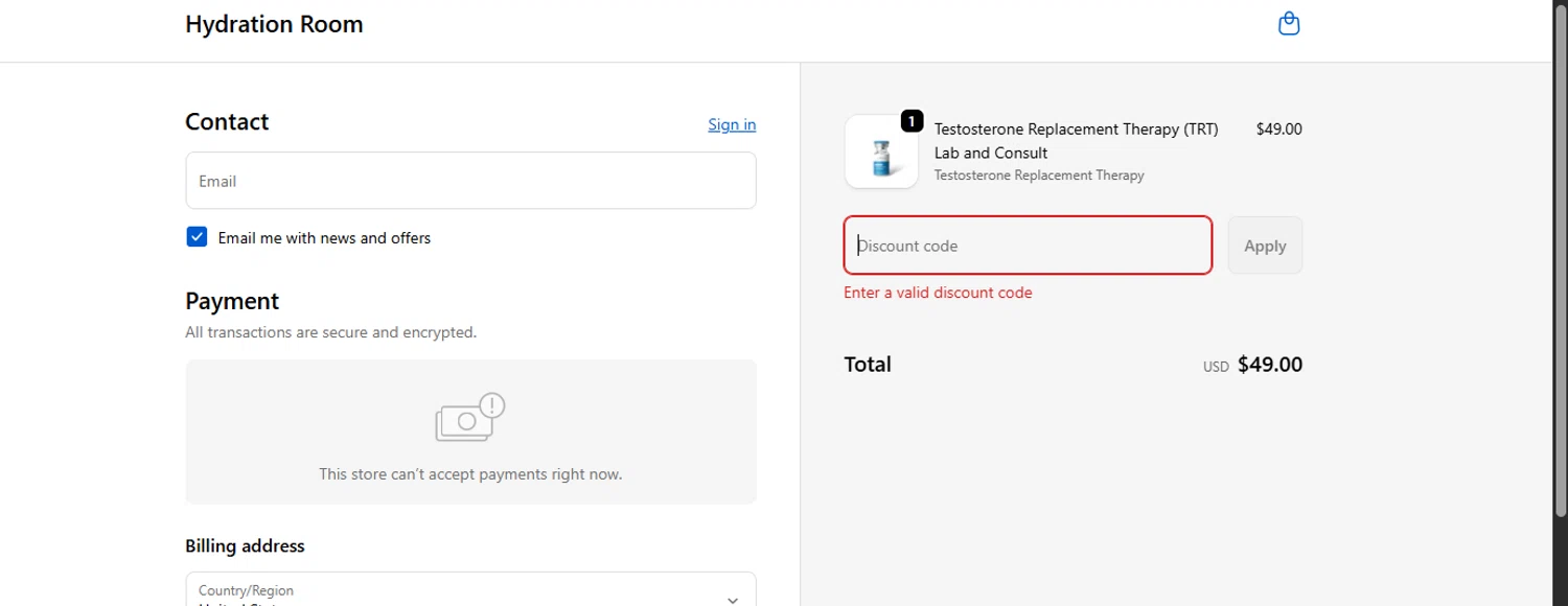 Hydration Room discount code screenshot showing code WELCOMEBACK10 applied at Hydration Room checkout page. Uploaded by SimplyCodes community member DealPilot7721 on Dec 29, 2025