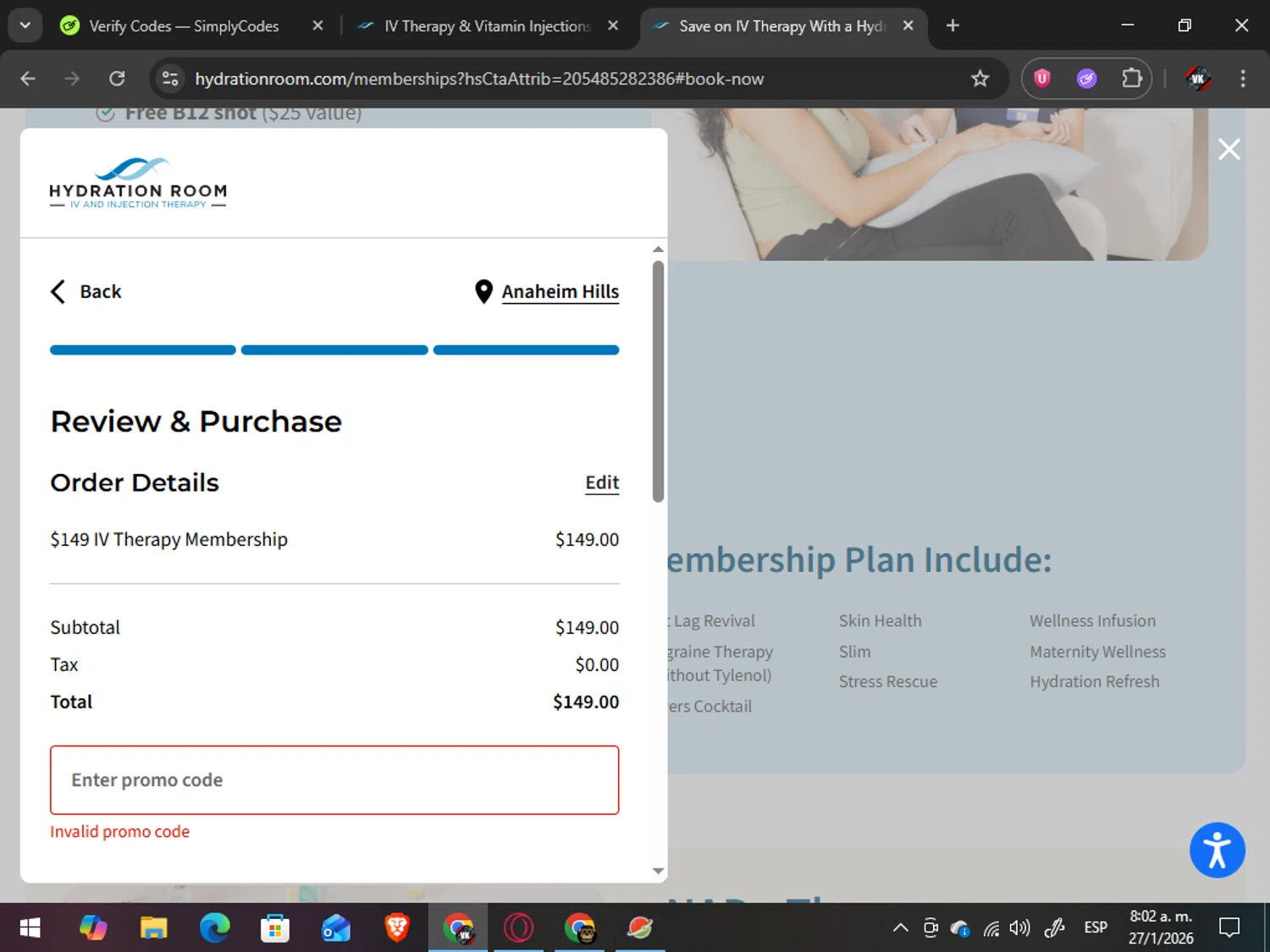 Hydration Room discount code screenshot showing code WELCOMEBACK10 applied at Hydration Room checkout page. Uploaded by SimplyCodes community member TreasureAdmiral6867 on Jan 27, 2026