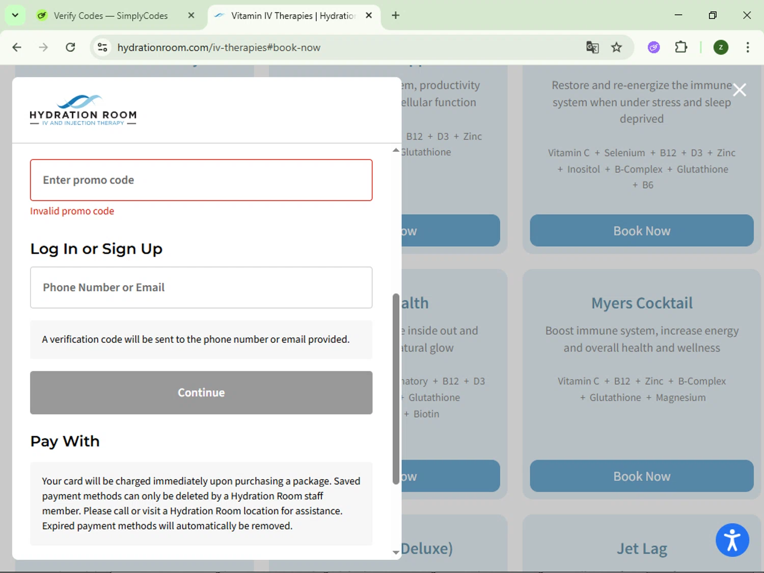 Hydration Room discount code screenshot showing code WELCOMEBACK25 applied at Hydration Room checkout page. Uploaded by SimplyCodes community member dolce_codmax213 on Nov 23, 2025
