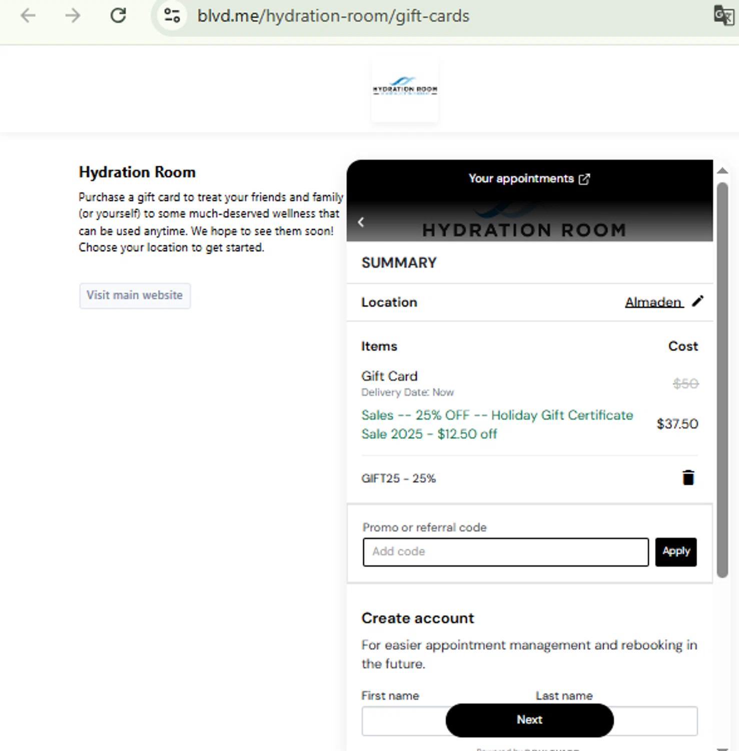 Hydration Room checkout page showing Hydration Room discount code box | Screenshot taken by SimplyCodes community member on Dec 8, 2025