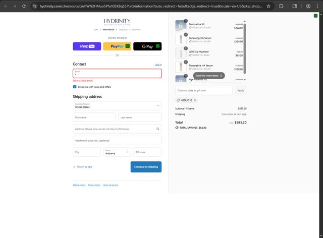 Hydrinity checkout page showing Hydrinity discount code box | Screenshot taken by SimplyCodes community member on Aug 27, 2025