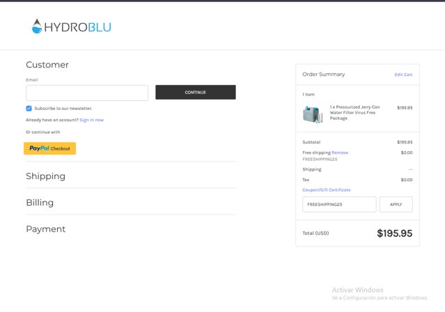 HydroBlu checkout page showing HydroBlu coupon code box | Screenshot taken by SimplyCodes community member on Aug 14, 2025