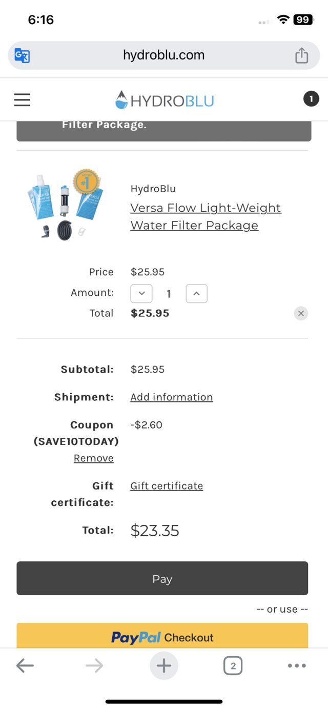 HydroBlu checkout page showing HydroBlu coupon code box | Screenshot taken by SimplyCodes community member on Oct 26, 2023