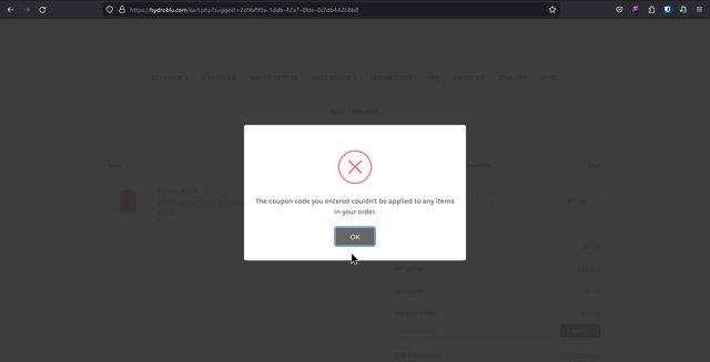 HydroBlu checkout page showing HydroBlu coupon code box | Screenshot taken by SimplyCodes community member on Nov 24, 2023