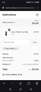 WELCOME15 coupon verification screenshot