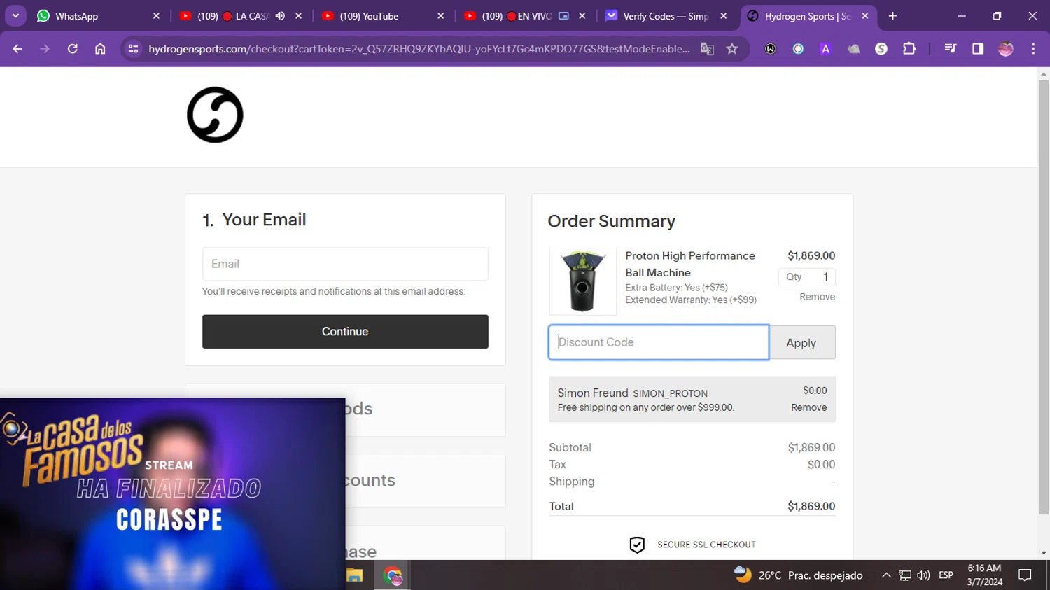 Hydrogen Sports checkout page showing Hydrogen Sports discount code box | Screenshot taken by SimplyCodes community member on Mar 7, 2024
