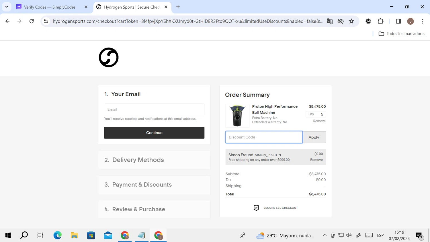 Hydrogen Sports checkout page showing Hydrogen Sports discount code box | Screenshot taken by SimplyCodes community member on Feb 7, 2024