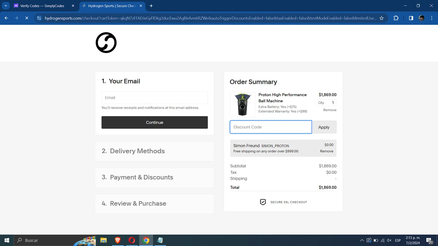 Hydrogen Sports checkout page showing Hydrogen Sports discount code box | Screenshot taken by SimplyCodes community member on Feb 7, 2024