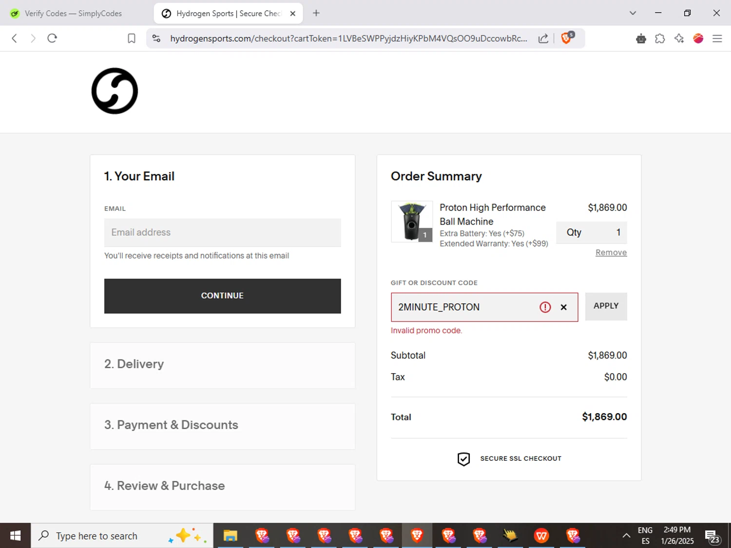 Hydrogen Sports discount code screenshot showing code 2MINUTE_PROTON applied at Hydrogen Sports checkout page. Uploaded by SimplyCodes community member Joserafa on Jan 26, 2025