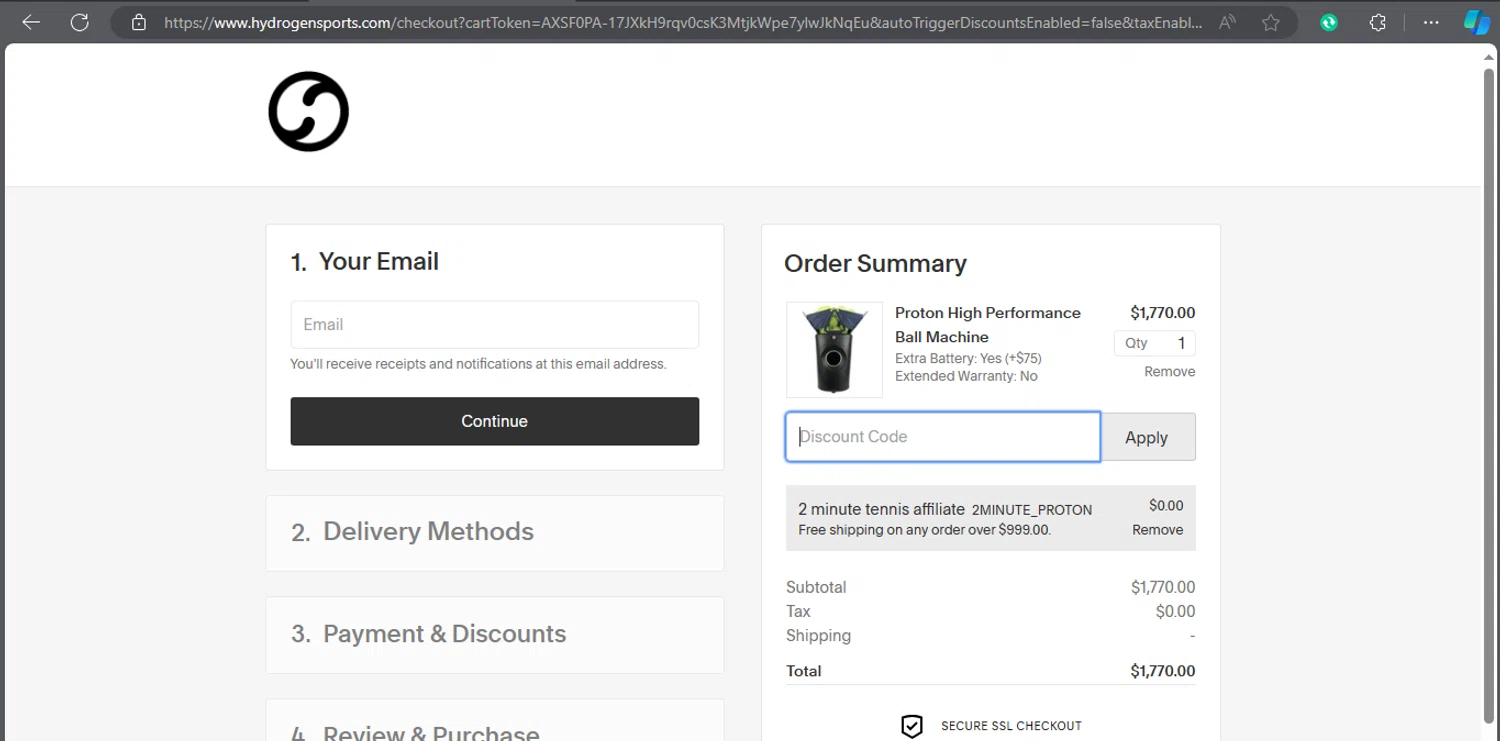 Hydrogen Sports checkout page showing Hydrogen Sports discount code box | Screenshot taken by SimplyCodes community member on Mar 7, 2024