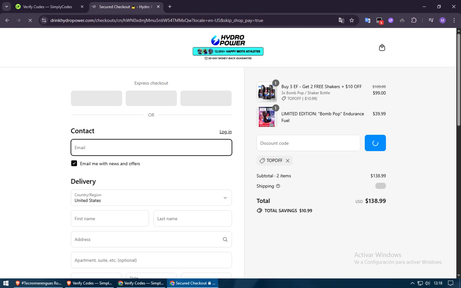 Hydro Power discount code screenshot showing code TOPOFF applied at Hydro Power checkout page. Uploaded by SimplyCodes community member Voucher200 on Jul 23, 2025