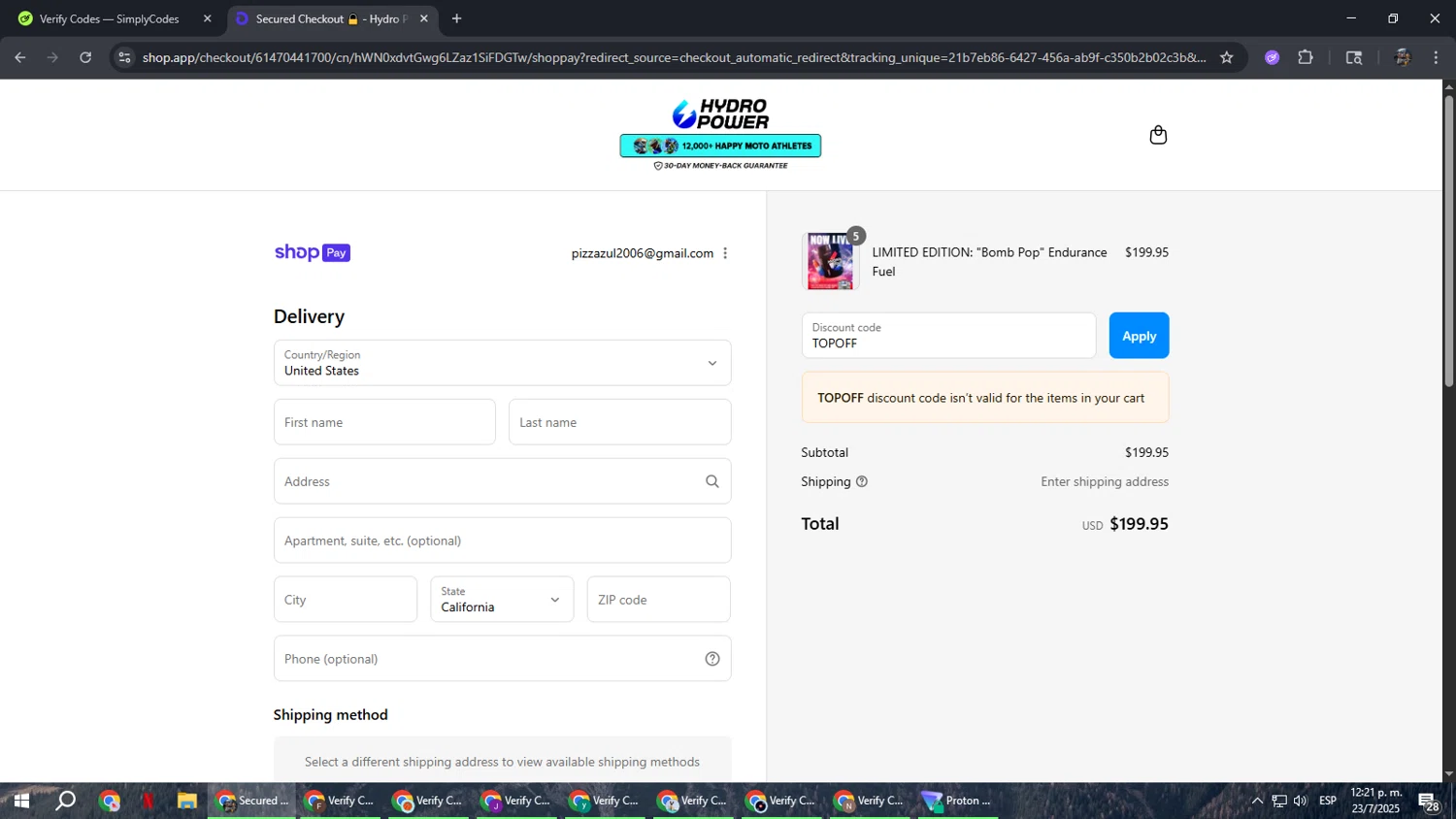 Hydro Power discount code screenshot showing code TOPOFF applied at Hydro Power checkout page. Uploaded by SimplyCodes community member xxdddd on Jul 23, 2025