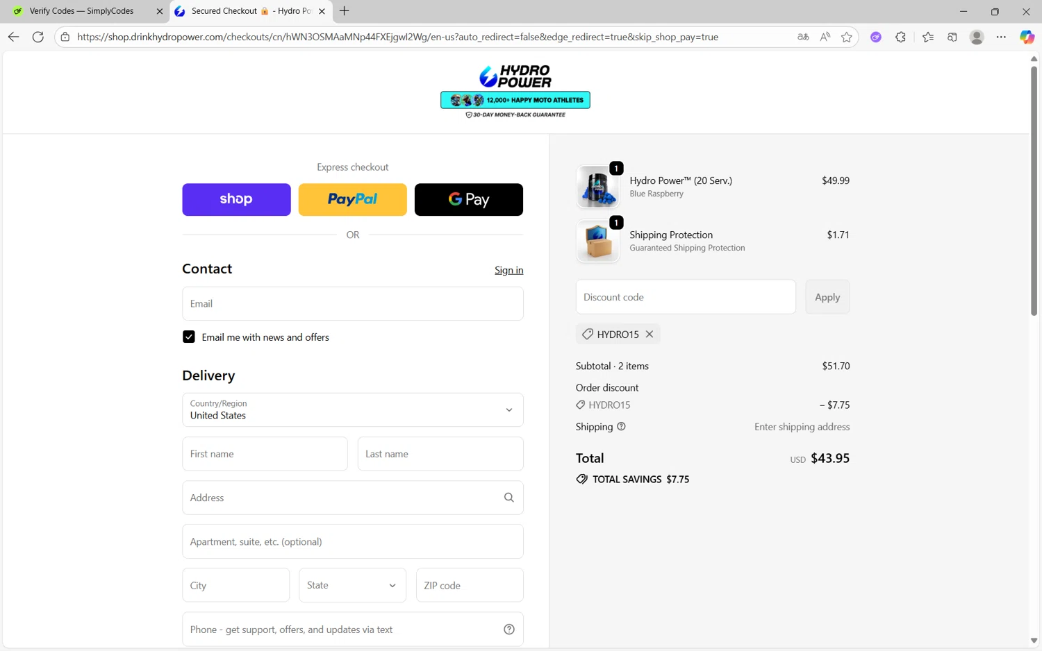 Hydro Power discount code screenshot showing code Hydro15 applied at Hydro Power checkout page. Uploaded by SimplyCodes community member frijolito on Sep 25, 2025