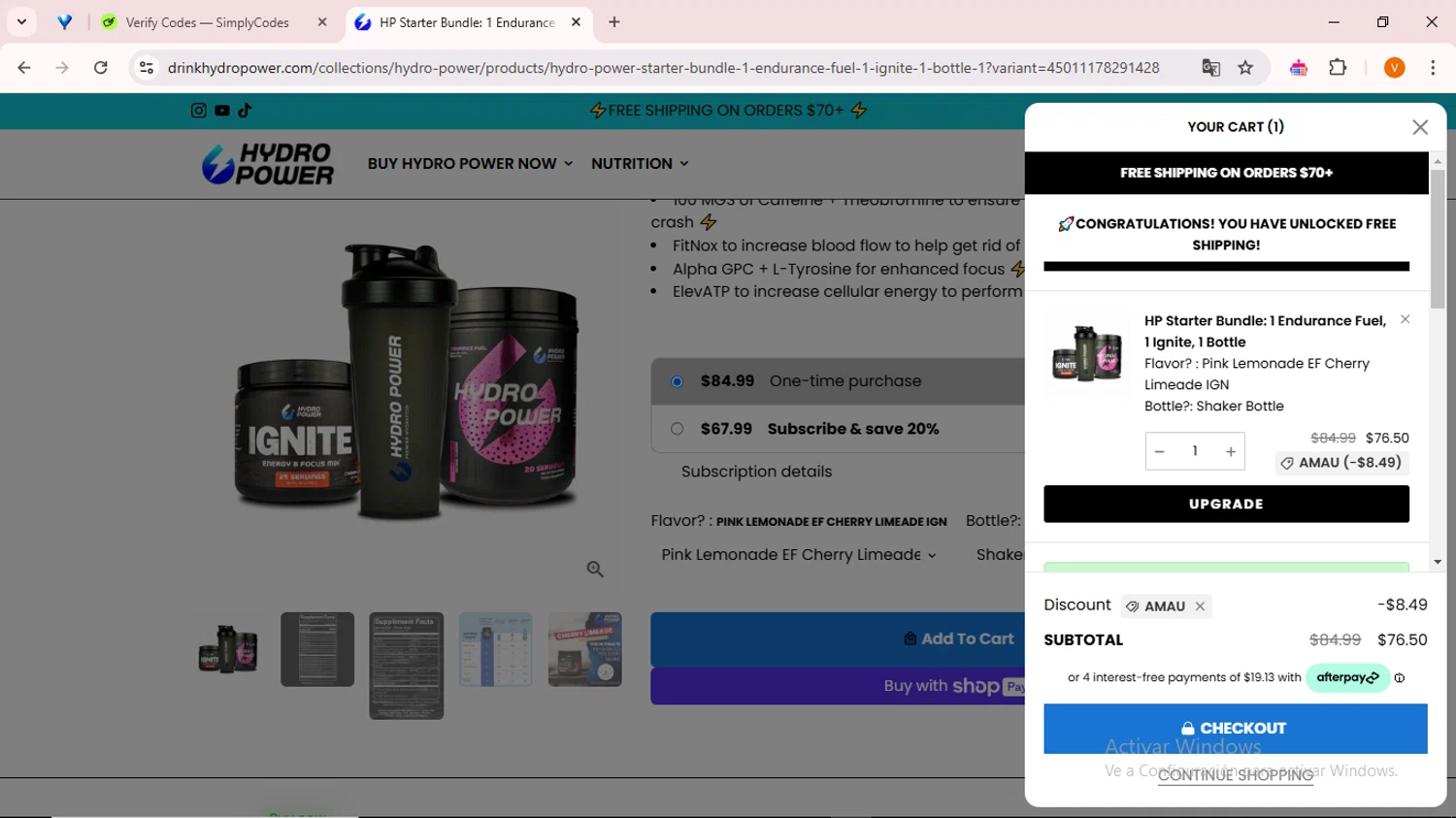 Hydro Power discount code screenshot showing code AMAU applied at Hydro Power checkout page. Uploaded by SimplyCodes community member ExtraordinarySaver9637 on Dec 27, 2024